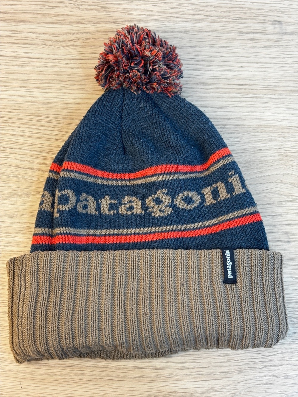 Patagonia Powder Town Beanie in the vintage-inspired "Park Stripe: Mojave Khaki